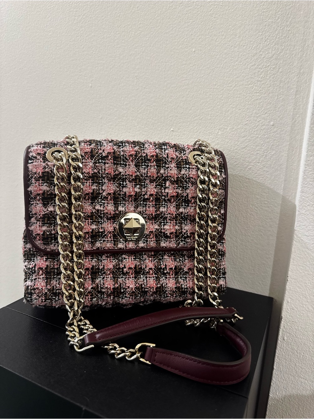 kate spade Pink and Black Tweed Chain Shoulder Bag with Gold Hardware
